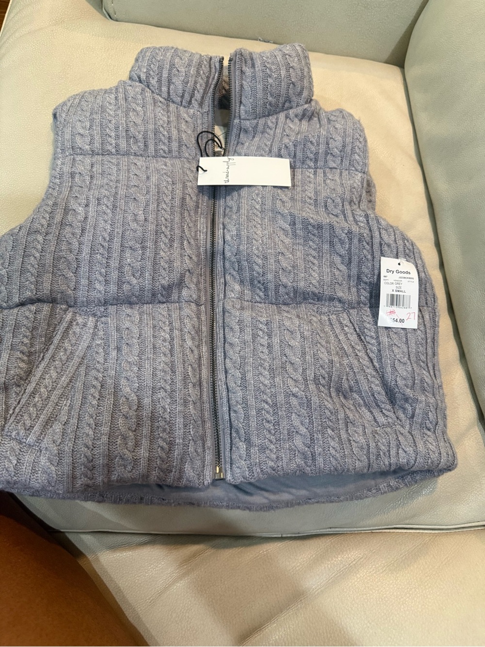 Thread & Supply Gray Quilted Cable-Knit Puffer Vest